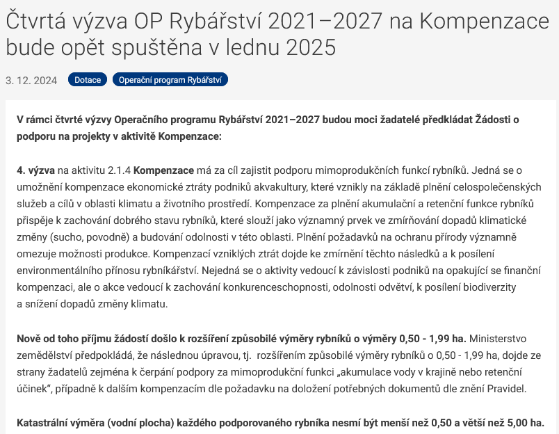 Čtvrtá výzva OP Rybářství 2021–2027 na Kompenzace bude opět spuštěna v lednu 2025